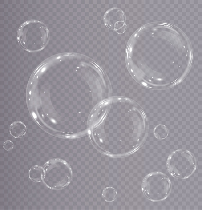 Collection of realistic soap bubbles. Bubbles are located on a transparent background. Vector flying soap bubble. Bubble  Water glass bubble realistic