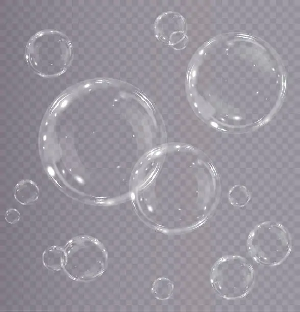 Vector illustration of Collection of realistic soap bubbles. Bubbles are located on a transparent background. Vector flying soap bubble. Bubble  Water glass bubble realistic
