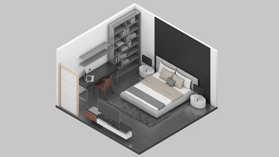 Isometric view of a bedroom,residential area, 3d rendering.