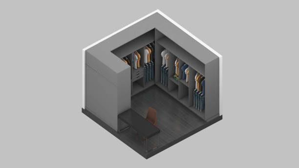 Isometric view of a closet,walk in closet, 3d rendering.