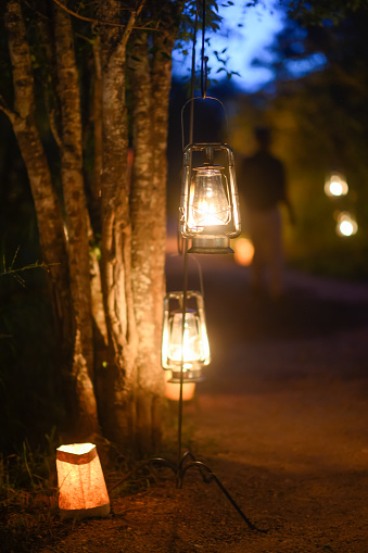 Lanterns with candles in a brown paper bag out in the wilderness