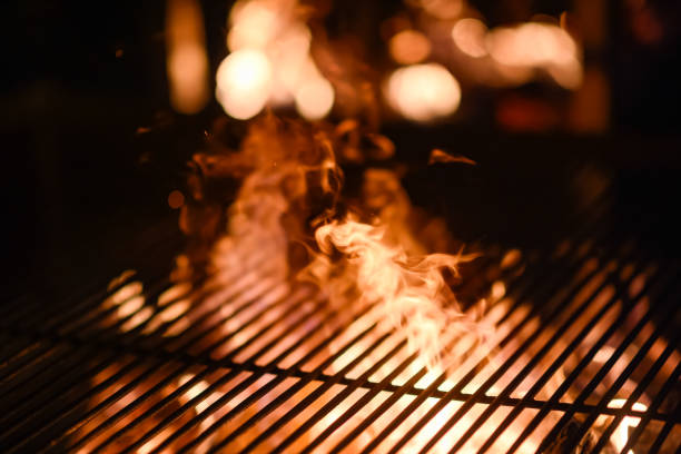 chama através de churrasco braai grid à noite - grade de metal - fotografias e filmes do acervo