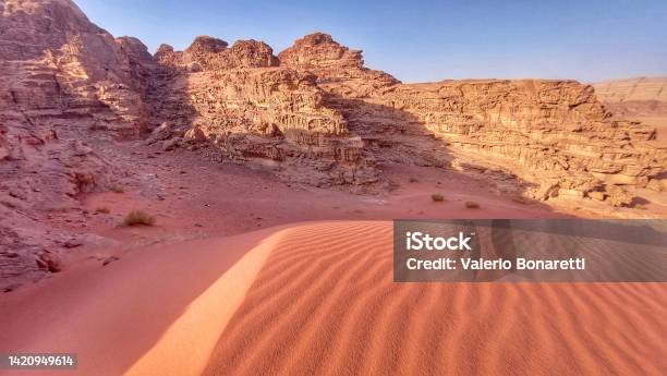 Glimpses Of Wadi Rum Desert And Red Sand At Sunset Stock Photo - Download Image Now