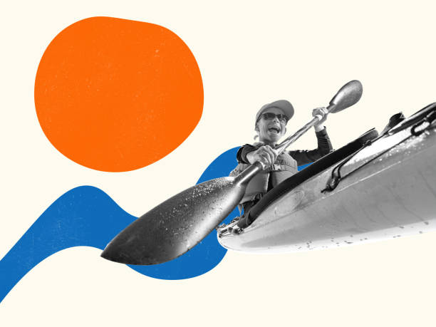 istock Creative artwork with beginner kayaker in canoe with a life vest and paddle over colorful abstract background. Concept of sport, travel, active lifestyle 1420950123
