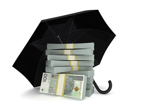 3D rendering of dollar coins fall from umbrella, fast economic growth and income, financial savings insurance, Wealth and financial growth concept