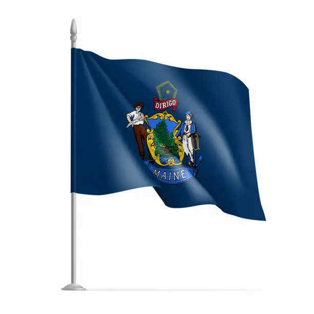 Vector illustration of Waving flag of Maine on flagpole, USA federal state