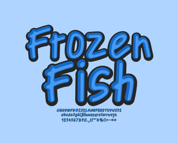 원래 라벨 냉동 제품 포장 및 광고를위한 손으로 그린 글자 텍스트 블루 색상이있는 냉동 생선 - fish sea life abstract alphabet stock illustrations