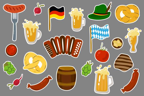 Hand drawn set of stickers for Beer Fest. Drawn style. Vector illustration. Hand drawn set of stickers for Beer Fest. Drawn style. Vector illustration. german beer stock illustrations