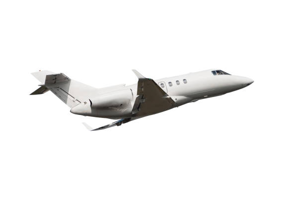 private jet flies isolated on white background - corporate jet imagens e fotografias de stock