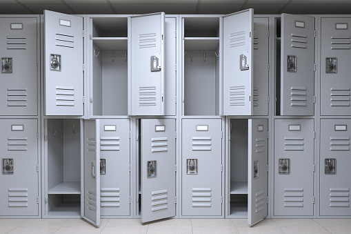 School or gym locker room with open and closed doors. 3d illustration