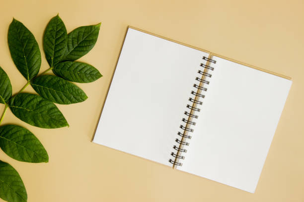istock Notebook with green leaves over the brown background. 1420957805