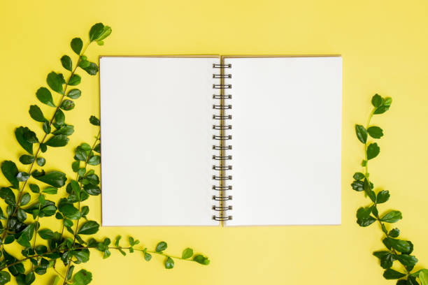 istock White notebook with green leaves over the yellow background. 1420957808