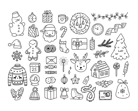 Christmas items set in outline doodle style. Editable stroke. New year characters and gifts for postcards, banners, web design, scrapbooking and other holiday design.