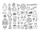 istock Christmas items set in outline doodle style. Editable stroke. New year characters and gifts for postcards, banners, web design, scrapbooking and other holiday design 1420958015