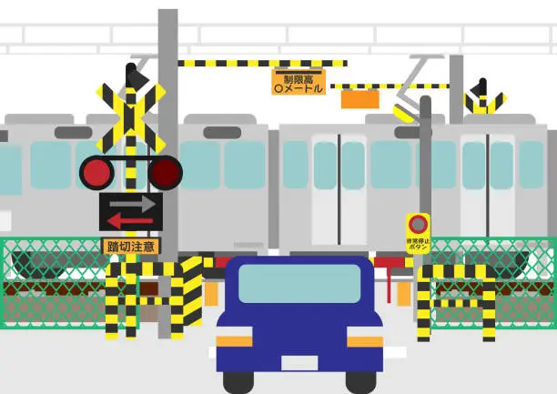 Vector illustration of railroad crossing and car