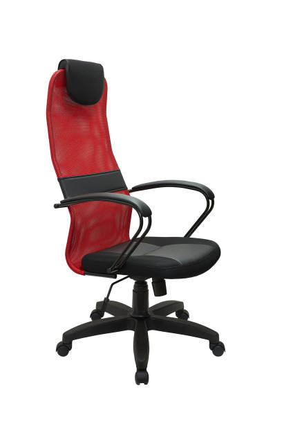 istock red office fabric armchair on wheels isolated on white background, side view 1420963642