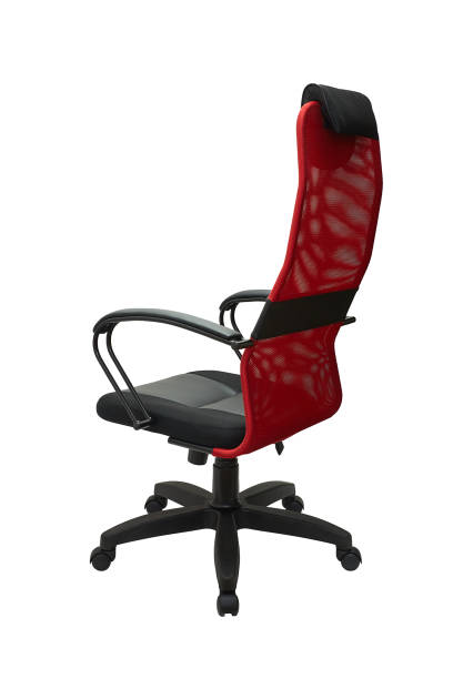 istock red office fabric armchair on wheels isolated on white background, back view 1420963688