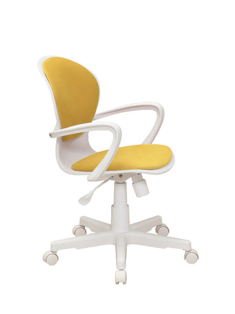 istock yellow office fabric armchair on wheels isolated on white background, side view 1420963768