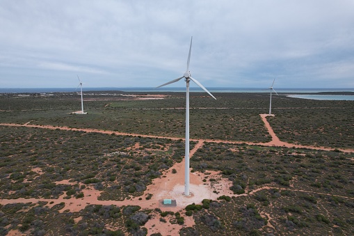 Drone photo of wind turbines along the Western Australian coastline