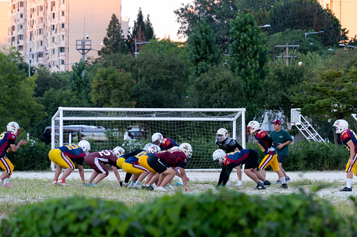 Young female soccer team celebrating a goal, smiling and embracing on soccer field during sunny summer day