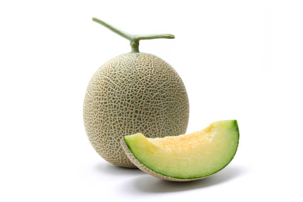 earl's melon cut for presentation, photographed against a white background - melon imagens e fotografias de stock