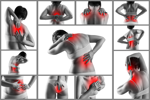 All kinds of female body pain, woman with joint pain isolated on white background, collage of several photos, painful area highlighted in red