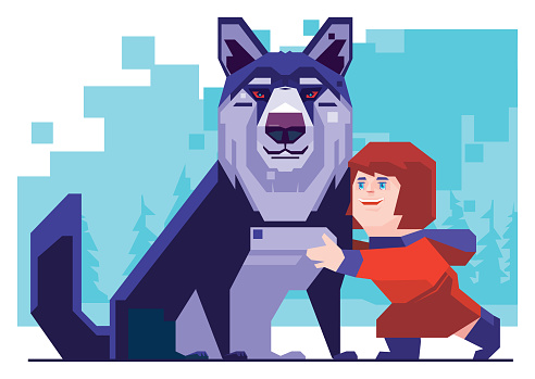 vector illustration of little girl hugging wolf