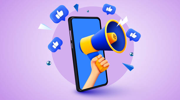 istock 3d hand holding megaphone speaker in smartphone for announce. Mockup with like notifications. Social media promotion. Vector illustration. 1420972109