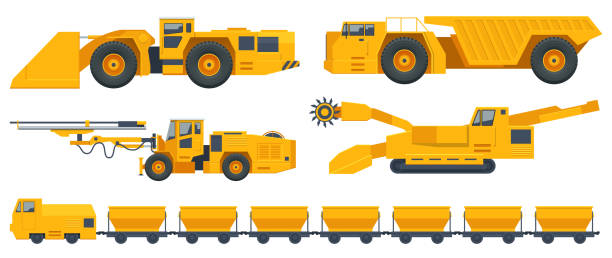 ilustrações, clipart, desenhos animados e ícones de máquinas de mineração de pedreiras isométricas, carrinho de mineração de vista lateral, subterrâneo, vagão ferroviário, plataforma de perfuração de túneis, caminhão de mineração subterrâneo e plataforma de perfuração auto-propulsionada - propelled