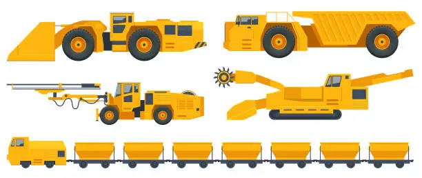 Vector illustration of Isometric Quarry Mining Machines, Side View Mining Cart, Underground, Railway Wagon, Tunneling Drilling Rig, Underground Mining Truck and Self-Propelled Drilling Rig