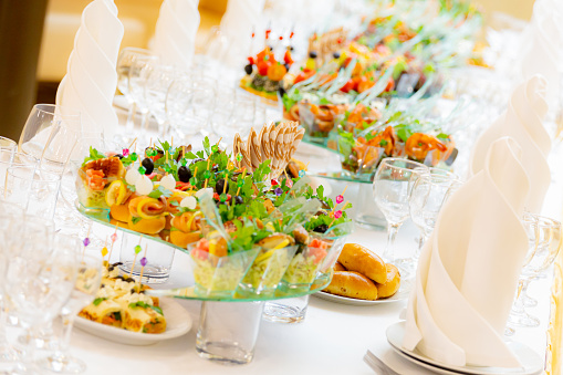 Buffet with meat, fish and vegetable delicacies snacks. Restaurant business. Catering.