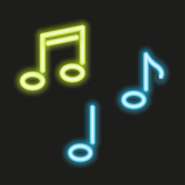 неоновый светящийся знак нот vmusic, музыкальный знак - musical staff music piano blue stock illustrations