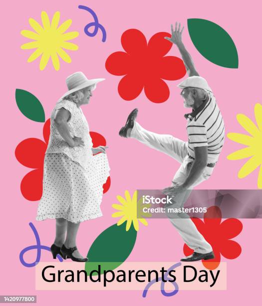 Bright Contemporary Art Collage Senior Couple Happy Grandparents Dressed In 70s 80s Fashion Style Dancing Rockandroll Social Dance On Floral Background Stock Photo - Download Image Now