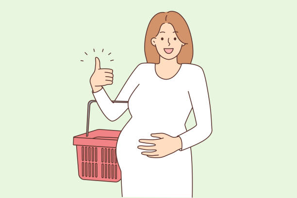 illustrazioni stock, clip art, cartoni animati e icone di tendenza di donna incinta felice che fa la spesa con il cestino - human pregnancy clothing shopping retail