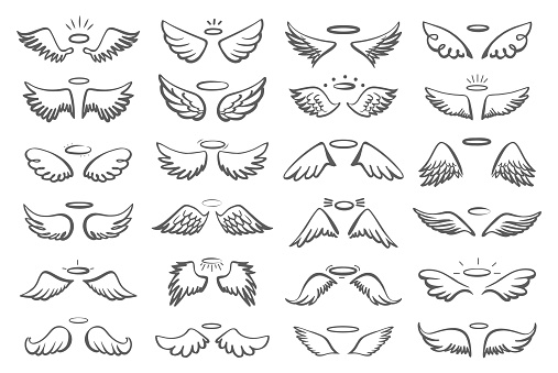Hand drawn wings with halo. Holy angels symbols, sketch drawing elements for print or decor. Wing shapes of birds, saint vintage neoteric vector clipart of halo angel feather illustration