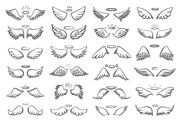 Hand drawn wings with halo. Holy angels symbols, sketch drawing elements for print or decor. Wing shapes of birds, saint vintage neoteric vector clipart Hand drawn wings with halo. Holy angels symbols, sketch drawing elements for print or decor. Wing shapes of birds, saint vintage neoteric vector clipart of halo angel feather illustration angel wings drawing stock illustrations