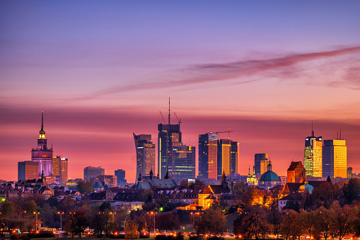 City downtown skyline of Warsaw at twilight, capital of Poland.