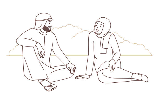 illustrazioni stock, clip art, cartoni animati e icone di tendenza di coppia araba felice che parla all'aperto - islam women men arabia