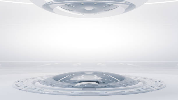 Technology Background. Power podium empty stage in white room. Sci-fi idea concept. Technological elements innovation background, 3D Render.