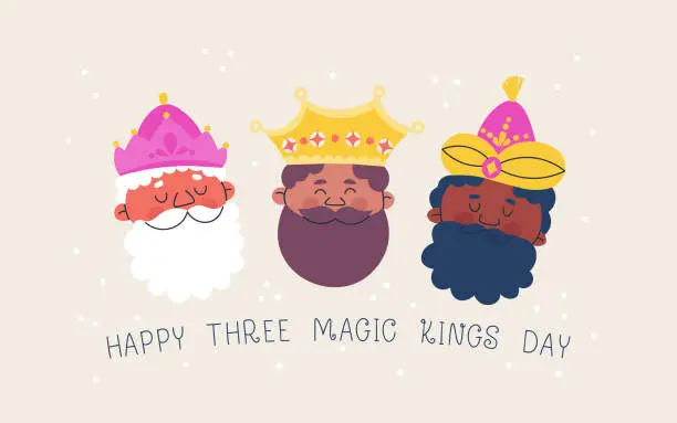 Vector illustration of Happy Three Magic Kings Day. Greeting card or banner for Epiphany Day. Vector trendy illustration.