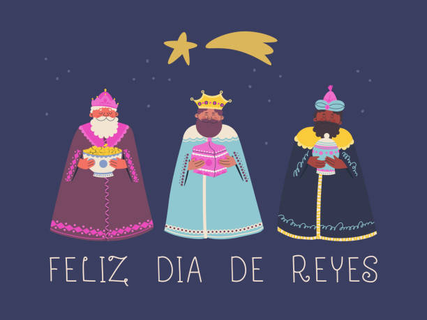 Lettering in Spanish Happy Three Magic Kings Day. The Magi came to bow to the Infant Christ, they brought him gold, frankincense and myrrh as a gift. Greeting card or banner for Epiphany day. Vector Lettering in Spanish Happy Three Magic Kings Day. The Magi came to bow to the Infant Christ, they brought him gold, frankincense and myrrh as a gift. Greeting card or banner for Epiphany day. Vector religious christmas greetings stock illustrations