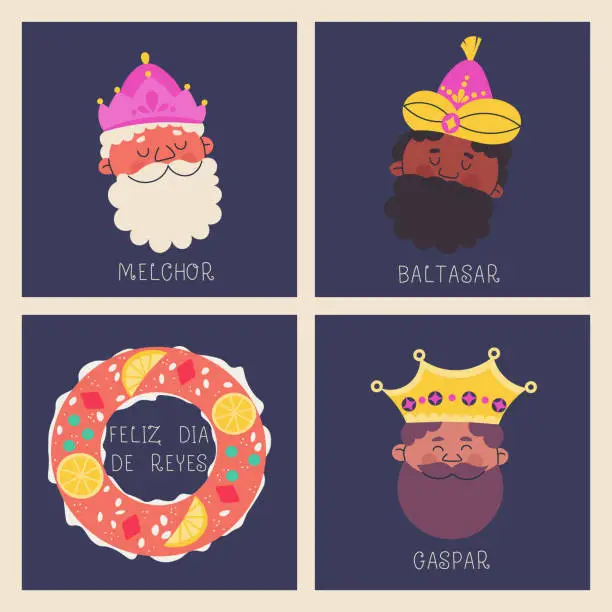 Vector illustration of A set of postcards for the day of the Epiphany or the day of the Magic Kings. Traditional Spanish dessert roscon de reyes and three kings Melchor, Gaspar and Balthazar. Vector illustration for design.
