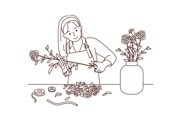 illustrazioni stock, clip art, cartoni animati e icone di tendenza di fiorista donna che lavora con i fiori in officina - florist flower gardening store