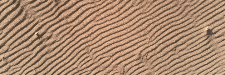 Sand texture with wave pattern. Desert sand background, top view