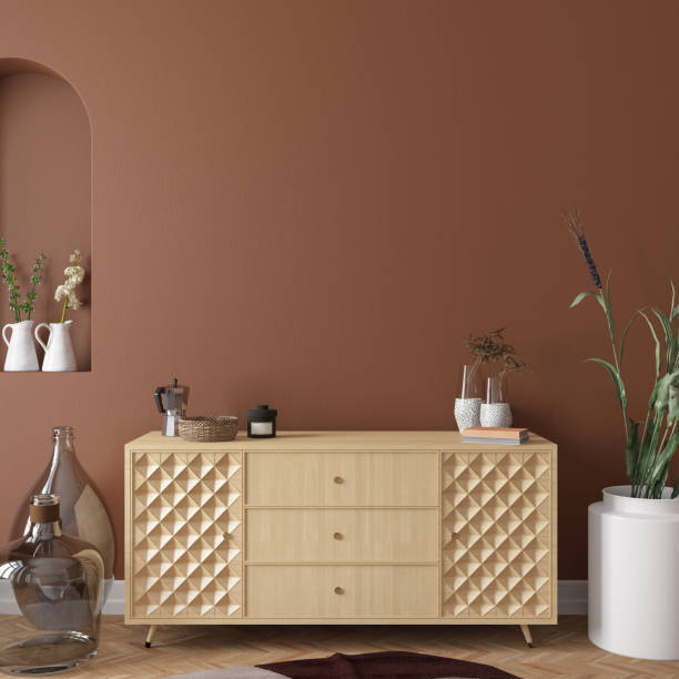 istock Retro Living Room with a Wooden Console and Beige Wall 1420982995