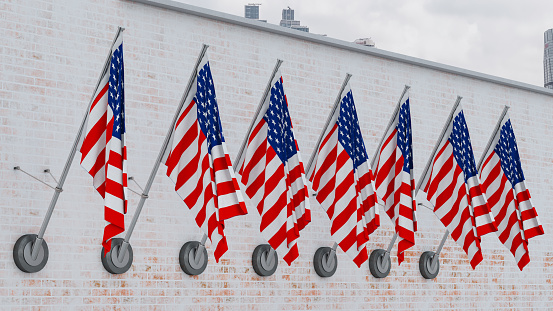 American Flags in a Row on White Wall. 3D Render
