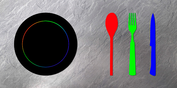 Topview of Set of  Colored Plate, Spoon, Fork and Knife Silhouette on Gray Background