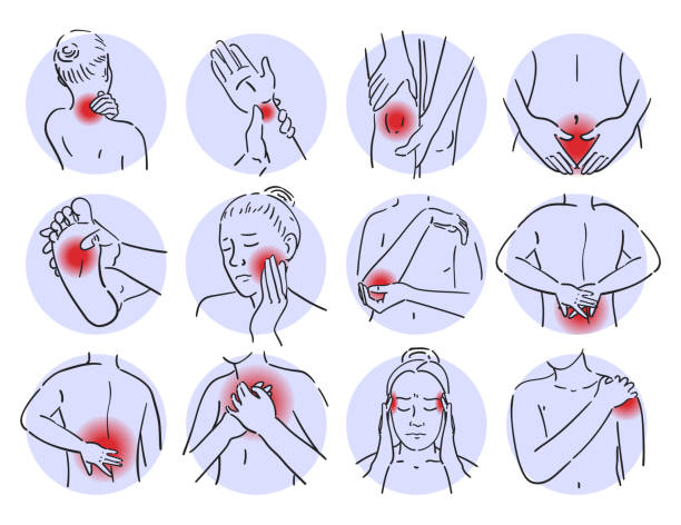 Pain in differet areas of the body vector isolated Pain in differet areas of the body vector isolated. Set of painful areas - leg, shoulder, head and chest. Healthcare and medicine concept. headache menstruation pain cramp stock illustrations