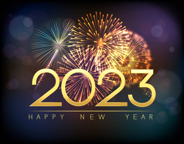 Background Happy New Year 2023 Vector Christmas background with fireworks and inscription Happy New Year 2023. new year stock illustrations