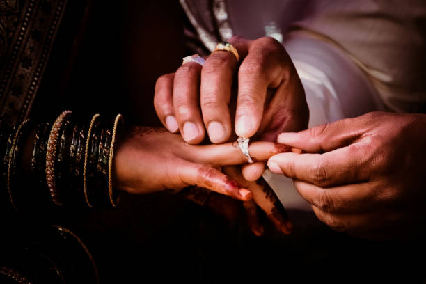 istock Indian traditional ring ceremony of couples, putting rings. 1420985716